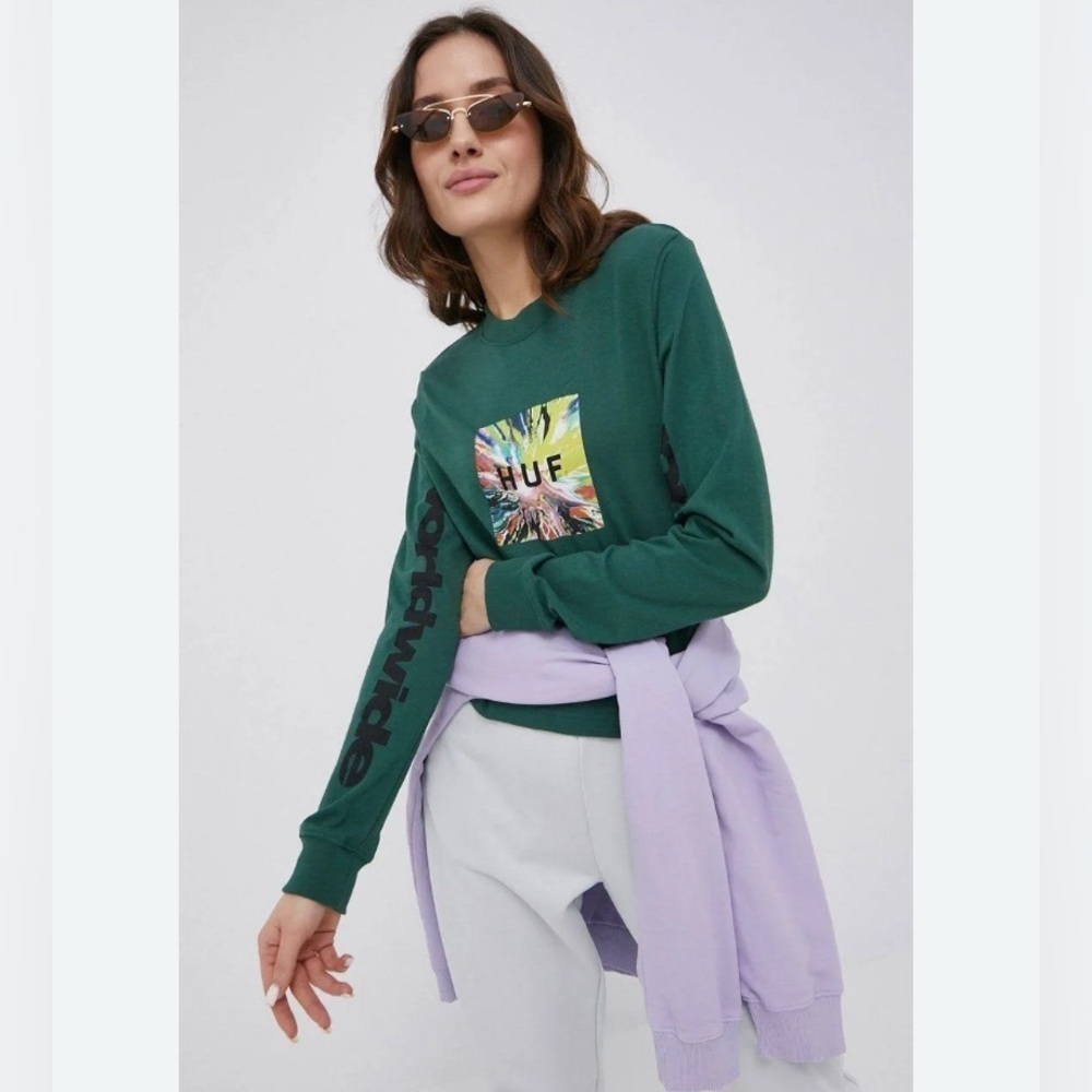 Huf Psyche Y/K Vintage Box Crop Long Sleeve T-Shirt - Dark Green Size Large